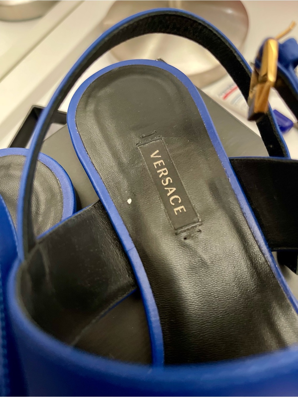 Versace Cobalt Blue Medusa Thong Sandals with Gold Emblem - Picture 2 of 3